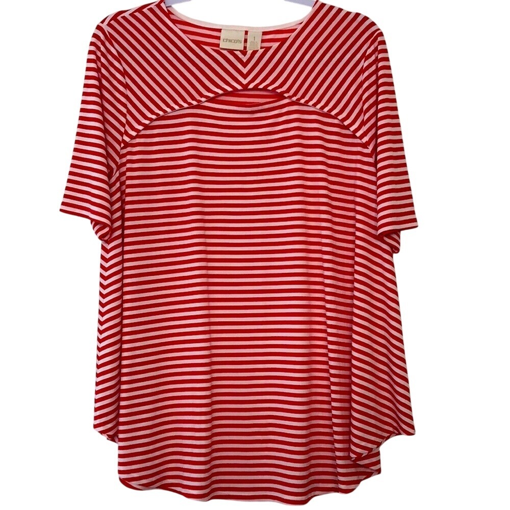CHICO'S Striped Red White Peek-a-Boo Cutout Top Short Sleeve Flowy Size 1 Flowy